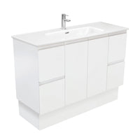 Fienza Fingerpull Satin White 1200 Cabinet on Kickboard, Solid Doors , With Moulded Basin-Top - Joli Ceramic