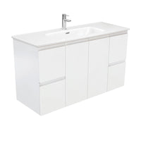 Fienza Figerpull Satin White 1200 Wall Hung Cabinet, Solid Doors , With Moulded Basin-Top - Joli Ceramic