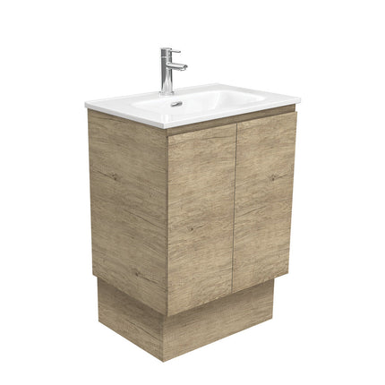 Fienza Edge Scandi Oak 600 Cabinet on Kickboard, Solid Doors, Bevelled Edge , With Moulded Basin-Top - Joli Ceramic