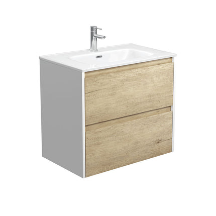 Fienza Amato Scandi Oak 750 Wall Hung Cabinet, Solid Panels, Bevelled Edge , With Moulded Basin-Top - Joli Ceramic Satin White Panels