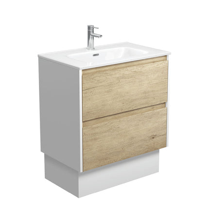 Fienza Amato Scandi Oak 750 Cabinet on Kickboard, Solid Panels, Bevelled Edge , With Moulded Basin-Top - Joli Ceramic Satin White Panels