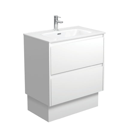 Fienza Amato Satin White 750 Cabinet on Kickboard, Solid Panels, Bevelled Edge , With Moulded Basin-Top - Joli Ceramic Satin White Panels