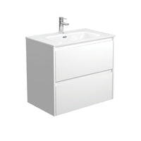 Fienza Amato Satin White 750 Wall Hung Cabinet, Solid Panels, Bevelled Edge , With Moulded Basin-Top - Joli Ceramic Satin White Panels