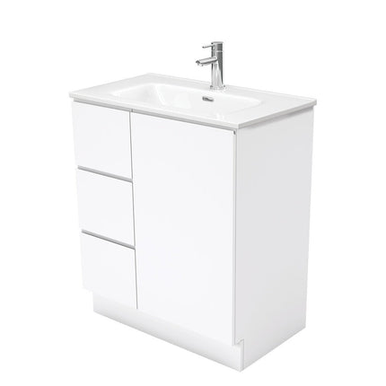 Fienza Fingerpull Gloss White 750 Cabinet on Kickboard, Solid Door , With Moulded Basin-Top - Joli Ceramic Left Hand Drawer
