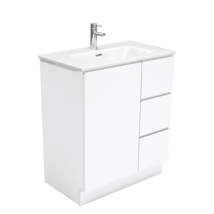 Fienza Fingerpull Gloss White 750 Cabinet on Kickboard, Solid Door , With Moulded Basin-Top - Joli Ceramic Right Hand Drawer
