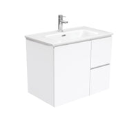 Fienza Fingerpull Gloss White 750 Wall Hung Cabinet, Solid Door , With Moulded Basin-Top - Joli Ceramic Right Hand Drawer