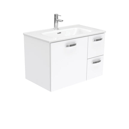 Fienza UniCab Gloss White 750 Wall Hung Cabinet, Solid Door , With Moulded Basin-Top - Joli Ceramic Right Hand Drawer