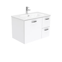 Fienza UniCab Gloss White 750 Wall Hung Cabinet, Solid Door , With Moulded Basin-Top - Joli Ceramic Right Hand Drawer