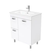 Fienza UniCab 750 Gloss White Cabinet on Legs, Left Hand Drawers, Solid Doors , With Moulded Basin-Top - Joli Ceramic