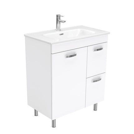 Fienza UniCab 750 Gloss White Cabinet on Legs, Right Hand Drawers, Solid Doors , With Moulded Basin-Top - Joli Ceramic