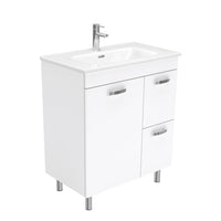 Fienza UniCab 750 Gloss White Cabinet on Legs, Right Hand Drawers, Solid Doors , With Moulded Basin-Top - Joli Ceramic