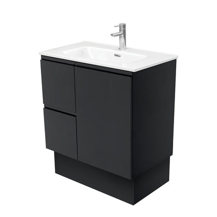 Fienza Fingerpull Satin Black 750 Cabinet on Kickboard , With Moulded Basin-Top - Joli Ceramic Left Hand Drawer