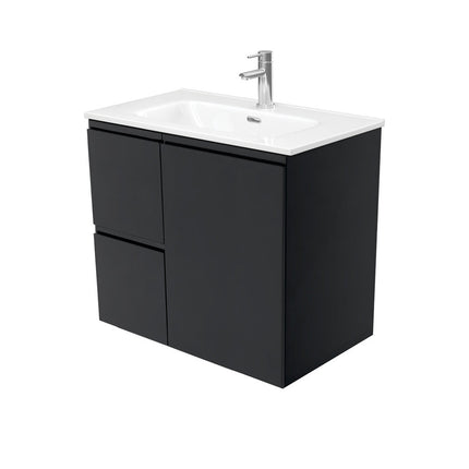 Fienza Fingerpull Satin Black 750 Wall Hung Cabinet, Solid Door , With Moulded Basin-Top - Joli Ceramic Left Hand Drawer