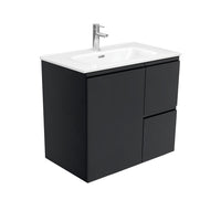 Fienza Fingerpull Satin Black 750 Wall Hung Cabinet, Solid Door , With Moulded Basin-Top - Joli Ceramic Right Hand Drawer