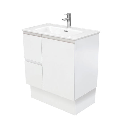 Fienza Fingerpull Satin White 750 Cabinet on Kickboard , With Moulded Basin-Top - Joli Ceramic Left Hand Drawer