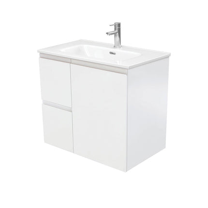 Fienza Fingerpull Satin White 750 Wall Hung Cabinet, Solid Door , With Moulded Basin-Top - Joli Ceramic Left Hand Drawer