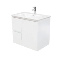 Fienza Fingerpull Satin White 750 Wall Hung Cabinet, Solid Door , With Moulded Basin-Top - Joli Ceramic Left Hand Drawer