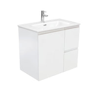 Fienza Fingerpull Satin White 750 Wall Hung Cabinet, Solid Door , With Moulded Basin-Top - Joli Ceramic Right Hand Drawer