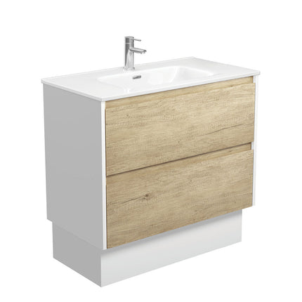Fienza Amato Scandi Oak 900 Cabinet on Kickboard, Solid Panels, Bevelled Edge , With Moulded Basin-Top - Joli Ceramic Satin White Panels