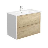 Fienza Amato Scandi Oak 900 Wall Hung Cabinet, 2 Solid Drawers, Bevelled Edge , With Moulded Basin-Top - Joli Ceramic Satin White Panels