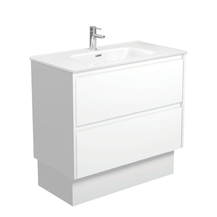 Fienza Amato Satin White 900 Cabinet on Kickboard, Solid Panels, Bevelled Edge , With Moulded Basin-Top - Joli Ceramic Satin White Panels