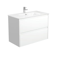 Fienza Amato Satin White 900 Wall Hung Cabinet, 2 Solid Drawers, Bevelled Edge , With Moulded Basin-Top - Joli Ceramic Satin White Panels