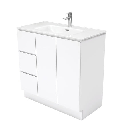 Fienza Fingerpull Gloss White 900 Cabinet on Kickboard , With Moulded Basin-Top - Joli Ceramic Left Hand Drawer