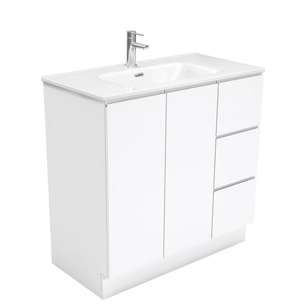 Fienza Fingerpull Gloss White 900 Cabinet on Kickboard , With Moulded Basin-Top - Joli Ceramic Right Hand Drawer