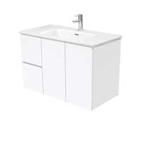 Fienza Fingerpull Gloss White 900 Wall Hung Cabinet, 2 Solid Drawers, Bevelled Edge , With Moulded Basin-Top - Joli Ceramic Left Hand Drawer