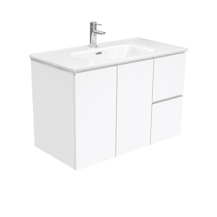 Fienza Fingerpull Gloss White 900 Wall Hung Cabinet, 2 Solid Drawers, Bevelled Edge , With Moulded Basin-Top - Joli Ceramic Right Hand Drawer