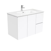 Fienza Fingerpull Gloss White 900 Wall Hung Cabinet, 2 Solid Drawers, Bevelled Edge , With Moulded Basin-Top - Joli Ceramic Right Hand Drawer