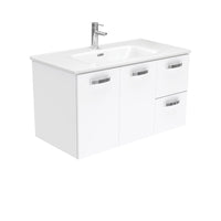 Fienza UniCab Gloss White 900 Wall Hung Cabinet, Solid Doors , With Moulded Basin-Top - Joli Ceramic Right Hand Drawer