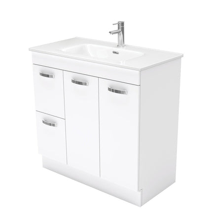 Fienza UniCab Gloss White 900 Cabinet on Kickboard, Solid Doors , With Moulded Basin-Top - Joli Ceramic Left Hand Drawer