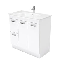 Fienza UniCab Gloss White 900 Cabinet on Kickboard, Solid Doors , With Moulded Basin-Top - Joli Ceramic Left Hand Drawer