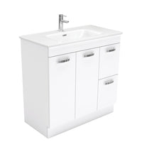 Fienza UniCab Gloss White 900 Cabinet on Kickboard, Solid Doors , With Moulded Basin-Top - Joli Ceramic Right Hand Drawer