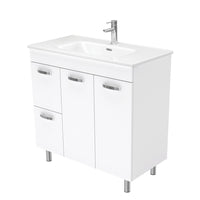 Fienza UniCab 900 Gloss White Cabinet on Legs, Left Hand Drawers, Solid Doors , With Moulded Basin-Top - Joli Ceramic