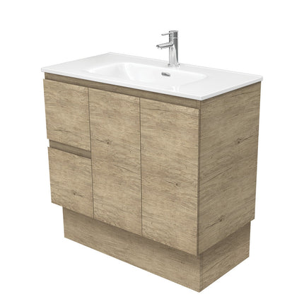 Fienza Edge Scandi Oak 900 Cabinet on Kickboard, Bevelled Edge , With Moulded Basin-Top - Joli Ceramic Left Hand Drawer