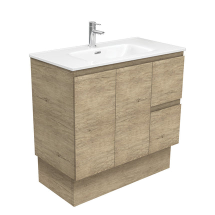 Fienza Edge Scandi Oak 900 Cabinet on Kickboard, Bevelled Edge , With Moulded Basin-Top - Joli Ceramic Right Hand Drawer
