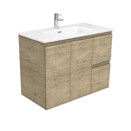 Fienza Edge Scandi Oak 900 Wall Hung Cabinet, Solid Doors, Bevelled Edge , With Moulded Basin-Top - Joli Ceramic Right Hand Drawer