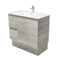 Fienza Edge Industrial 900 Cabinet on Kickboard, Solid Doors, Bevelled Edge , With Moulded Basin-Top - Joli Ceramic Left Hand Drawer