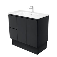 Fienza Fingerpull Satin Black 900 Cabinet on Kickboard, Solid Doors , With Moulded Basin-Top - Joli Ceramic Left Hand Drawer