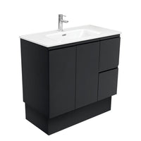 Fienza Fingerpull Satin Black 900 Cabinet on Kickboard, Solid Doors , With Moulded Basin-Top - Joli Ceramic Right Hand Drawer
