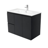 Fienza Fingerpull Satin Black 900 Wall Hung Cabinet, Solid Doors , With Moulded Basin-Top - Joli Ceramic Left Hand Drawer