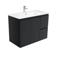 Fienza Fingerpull Satin Black 900 Wall Hung Cabinet, Solid Doors , With Moulded Basin-Top - Joli Ceramic Right Hand Drawer
