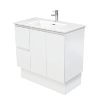 Fienza Fingerpull Satin White 900 Cabinet on Kickboard, Solid Doors , With Moulded Basin-Top - Joli Ceramic Left Hand Drawer