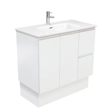 Fienza Fingerpull Satin White 900 Cabinet on Kickboard, Solid Doors , With Moulded Basin-Top - Joli Ceramic Right Hand Drawer