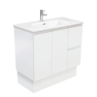 Fienza Fingerpull Satin White 900 Cabinet on Kickboard, Solid Doors , With Moulded Basin-Top - Joli Ceramic Right Hand Drawer