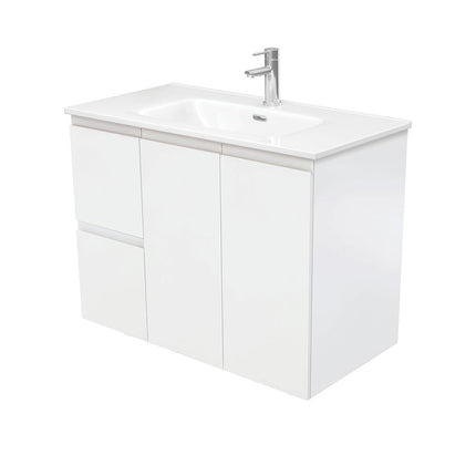 Fienza Fingerpull Satin White 900 Wall Hung Cabinet, Solid Doors , With Moulded Basin-Top - Joli Ceramic Left Hand Drawer