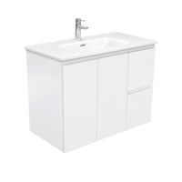 Fienza Fingerpull Satin White 900 Wall Hung Cabinet, Solid Doors , With Moulded Basin-Top - Joli Ceramic Right Hand Drawer