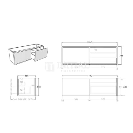 Bellevue Groove 1200 Coastal Oak Woodgrain Wall Hung Slim Vanity ,